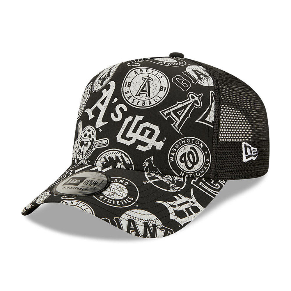 MLB All Over Print Black A-Frame Trucker Cap