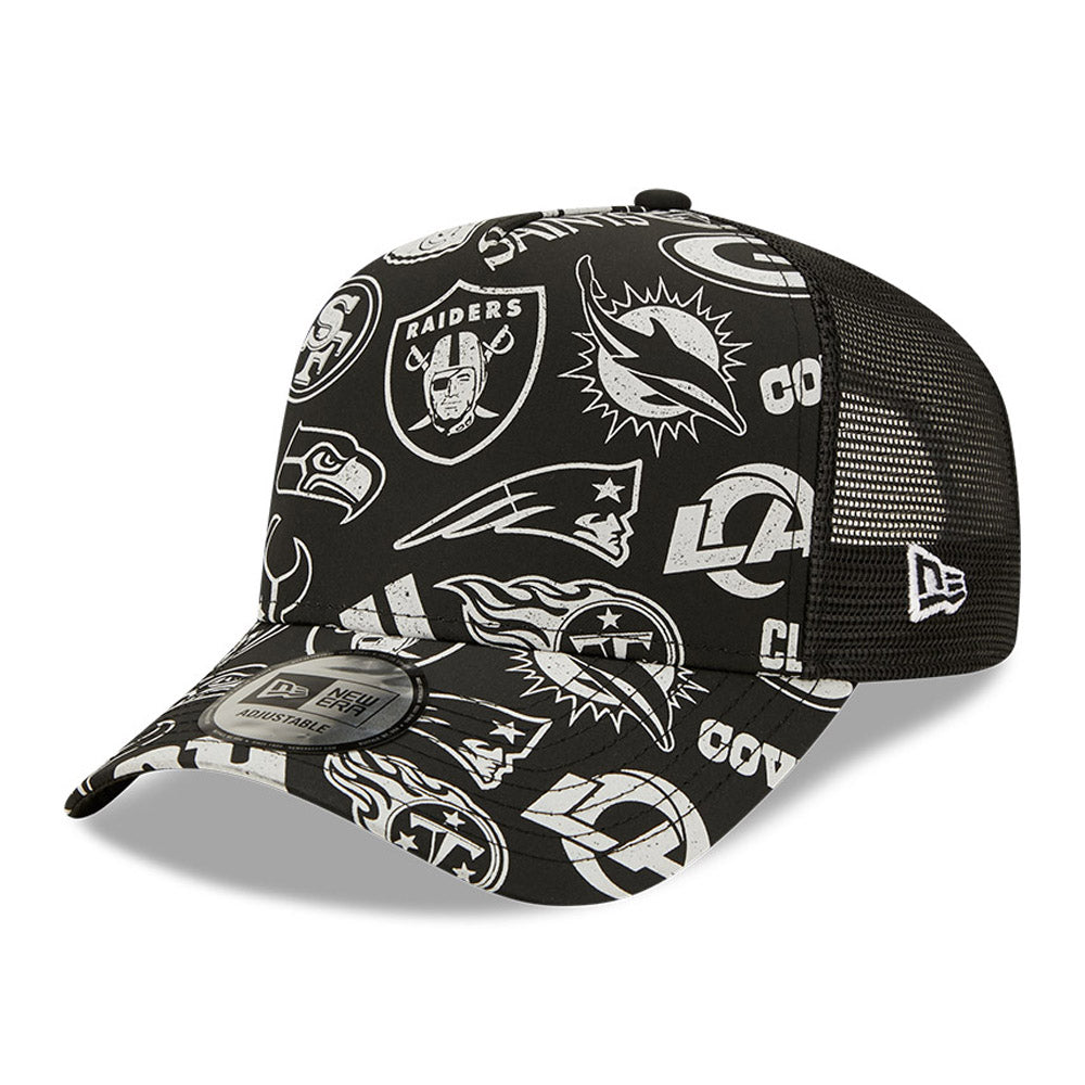 NFL All Over Print Black A-Frame Trucker Cap